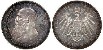 Саксен-Майнинген 3 марки 1915 D, на смерть Георга II, герцога Саксен-Мейнингена (1866-1914) Weege 151, J. 155, KM 207 серебро PROOFLIKE 00-819-71