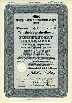 Германия 500 рейхсмарок 1943 АО топливных заводов, Дрезден, также известное как AKA, 4%частичное обязательство, серия XIV, облигация   бумага   8802-49-1