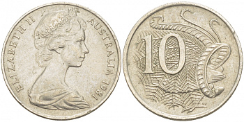 Австралия 10 центов 1981 Елизавета II (1952-), птица лирахвост KM 65 медно-никель 3457-651