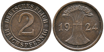 ГЕРМАНИЯ 2 РЕЙХСПФЕННИГА 1924 A KM 38, J. 314 бронза 24-734