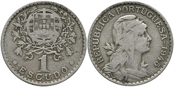 ПОРТУГАЛИЯ 1 ЭСКУДО 1945 ГОЛОВА СВОБОДЫ ВПРАВО КМ 578 медно-никель 202-346