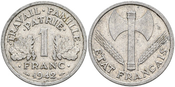 Франция 1 франк 1942 LB, тип Lourde, правительство Виши KM 902.1, Le Franc 222.2 алюминий 4142-914