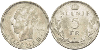 Бельгия 5 франков 1936 Леопольд III (1934-1951), Belgie KM 109 никель 3851-524