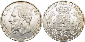 Бельгия 5 франков 1873 Леопольд II (1865-1909), позиция А KM 24 серебро 5010-925