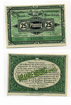 Германия 25 пфеннигов 1917 инспекция лагерей военнопленных в Бранденбурге, III-ий Армейский корпус C-2770 бумага UNC (пресс) 504-71-1-2