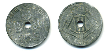 БЕЛЬГИЯ 25 САНТИМОВ 1944 BELGIE-BELGIQUE, ГЕРМАНСКАЯ ОККУПАЦИЯ, ВТОРАЯ МИРОВАЯ ВОЙНА KM 132 цинк 86-1027