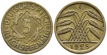 ГЕРМАНИЯ 5 РЕЙХСПФЕННИГОВ 1925 E KM 39, J. 316 алюминиевая бронза 39-554