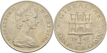 Гибралтар 1 крона 1967 Елизавета II (1952-2022), старый замок, первый год чекана KM 4 медно-никель UNC 4527-425
