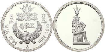 Египет 5 фунтов 1994 богиня Исида с ребенком KM 830 серебро  PROOF  11-319-13