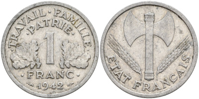 Франция 1 франк 1942 LB, тип Lourde, правительство Виши KM 902.1, Le Franc 222.2 алюминий 4142-914