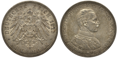 Пруссия 5 марок 1913 Вильгельм II в мундире KM 536, J.114 серебро 3711-413