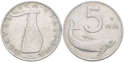 ИТАЛИЯ 5 ЛИР 1954 R, РУЛЬ, ДЕЛЬФИН KM 92 алюминий 3955-619