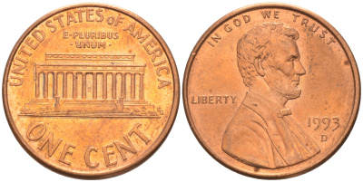 США 1 цент 1993 D, Авраам Линкольн KM 201b цинк плакированный медью 188-244