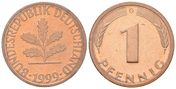 Германия 1 пфенниг 1999 G, в запайке KM 105 сталь плакированная медью BU 4617-949