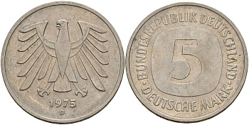 ФРГ 5 марок 1975 D, монетный двор Мюнхен КМ 140.1, J. 415 медно-никель плакированный никелем 4157-231