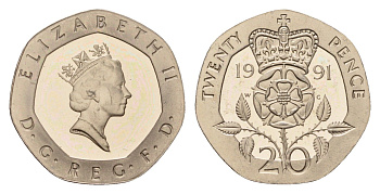Великобритания 20 пенсов 1991 Елизавета II (1952-2022) KM 939, Spink G2 медно-никель PROOF 1529-525