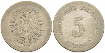 ГЕРМАНИЯ 5 ПФЕННИГОВ 1875 G, СТАРОГЕРБОВКА KM 3, J.3 медно-никель 3996-1126