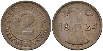 Германия 2 рейхспфеннига 1924 G KM 38, J.314, Weege 4 медь 4584-642