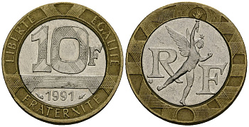 Франция 10 франков 1991 тип Гений Бастилии KM 964.1, Le Frank 375.6 биметалл 4135-546