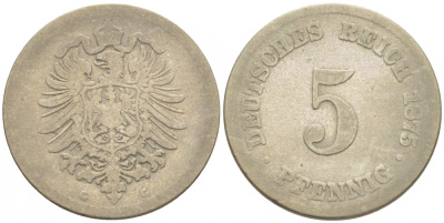 ГЕРМАНИЯ 5 ПФЕННИГОВ 1875 G, СТАРОГЕРБОВКА KM 3, J.3 медно-никель 3996-1126