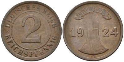 Германия 2 рейхспфеннига 1924 G KM 38, J.314, Weege 4 медь 4584-642