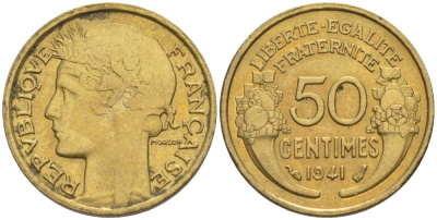 Франция 50 сантимов 1941 тип Морлон KM 894.1, Le Franc 192.18 алюминиевая бронза 44-356