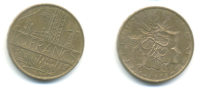 Франция 10 франков 1978 тип Матье KM 940, Le Franc 365.11-12 никель латунь 89-1421