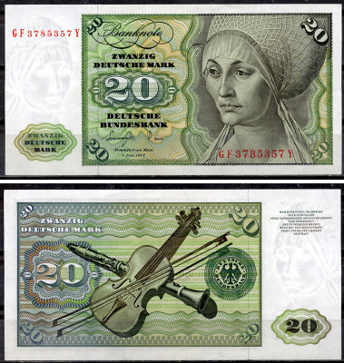 ФРГ 20 марок 1977 Эльсбет Тухер (Альбрехт Дюрер), скрипка, кларнет Pick 32 b  бумага  aUNC 451-918-3