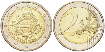 Эстония 2 евро 2012 10 лет евро наличными KM 70 биметал UNC 4153-815