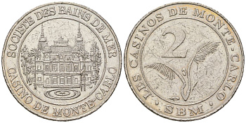 Казино Монте-Карло в Монако 2 франка ND (2001-2002) вес 10,8 гр, диаметр 26,5 мм никель 92-143