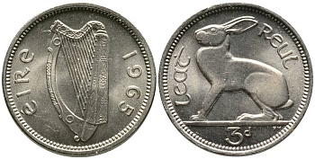 Ирландия 3 пенса 1965 заяц KM 12а медно-никель 4525-1127