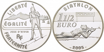 Франция 1 1/2 евро 2005 биатлон KM 1423 серебро PROOF 04-101-22