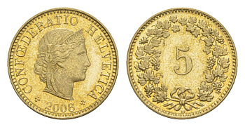 Швейцария 5 раппенов 2008 B KM 26c алюминиевая бронза 4532-1024