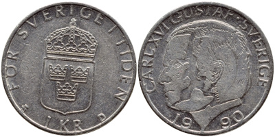 Швеция 1 крона 1990 Карл XVI Густав (1973- ) KM 852a медно-никель 4388-132