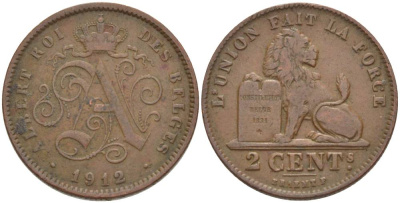 БЕЛЬГИЯ 2 САНТИМА 1912 BELGES KM 64 медь 4546-117