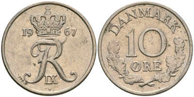 Дания 10 эре 1967 C; S, Фредерик IX (1947-1972) KM 849.1 медно-никель UNC 08-1443