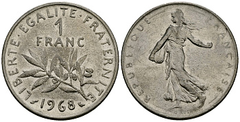 Франция 1 франк 1968 сеятель KM 925 никель 4135-824