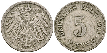 Германия 5 пфеннигов 1909 A KM 11 медно-никель 4516-568