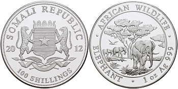 Сомали 100 шиллингов 2012 серия охрана окружающей среды, африканские слоны, 1 унция KM NEW серебро  PROOF 1076-7-43