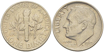 США 10 центов (дайм) 1967 Рузвельт KM 195а медь плакированная медно-никелем 211-1262