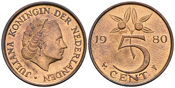 Нидерланды 5 центов 1980 Юлиана (1948-1980) KM 181 бронза UNC 4606-1024