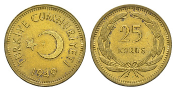 Турция 25 курушей 1949 KM 886 латунь UNC 4641-917