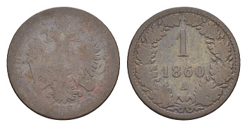 Австрия 1 крейцер 1860 A, Франц Иосиф I (1848-1916) KM 2186 медь 4639-215