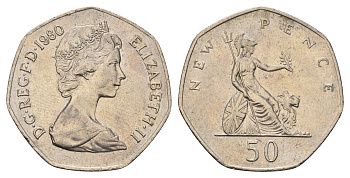 Великобритания 50 пенсов 1980 Елизавета II (1952-2022) KM 913, Spink 4223 (H1) медно-никель 3851-631