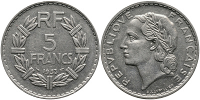 Франция 5 франков 1933 KM 888, Le Franc 336 никель 413-2541