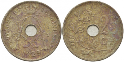 Бельгия 25 сантимов 1929 Belgique KM 68.1 медно-никель 4529-1112