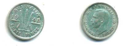 Австралия 3 пенса 1948 m, Георг VI (1937-1952), без букв KM 37a серебро 46-544