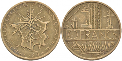 Франция 10 франков 1980 тип Матье KM 940, Le Franc 365.15-16 никель латунь 4402-1144
