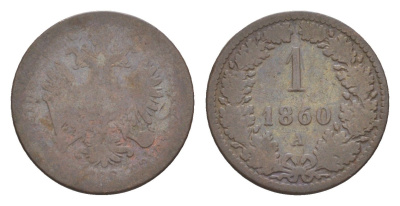 Австрия 1 крейцер 1860 A, Франц Иосиф I (1848-1916) KM 2186 медь 4639-215