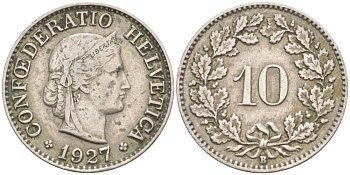 ШВЕЙЦАРИЯ 10 РАППЕНОВ 1927 В KM 27 медно-никель 3309-416